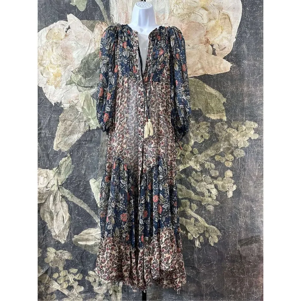 New Free People Estelle Chiffon Button Front Printed Maxi Dress sz xs - Picture 6 of 6